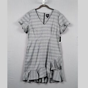 Beige By ECI Dress Plaid Stretch V Neck Short Sleeve Zip Up Gray Size 12